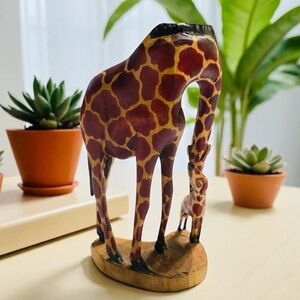 Hand Carved Mother Giraffe with Nursing Baby Wood Figurine 8”tall Made in Kenya